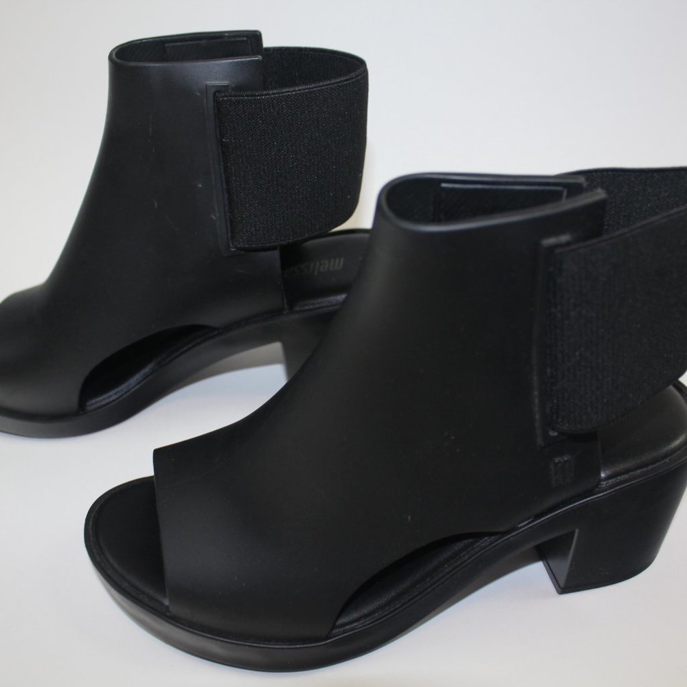 Melissa Black Dance Peep Toe Elastic Ankle Booties PVC Womens Shoe Size 5 - Picture 4 of 10